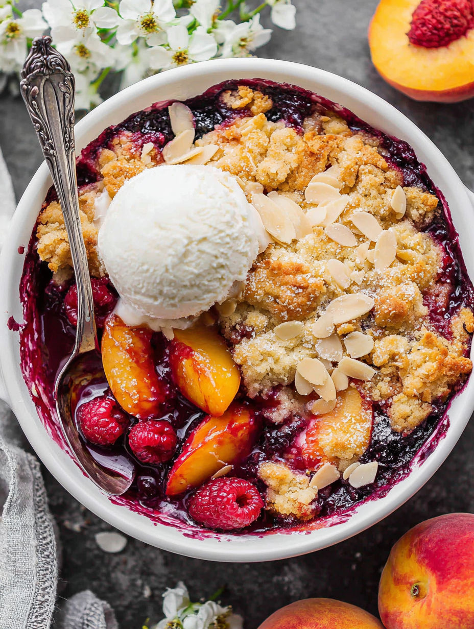 Eine Schüssel mit Pfirsich-Himbeer-Cobbler und einer Kugel Eis oben drauf.