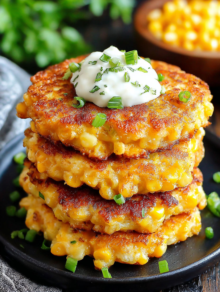 Ein Stapel von Maispuffern mit einem Klecks saurer Sahne obendrauf.