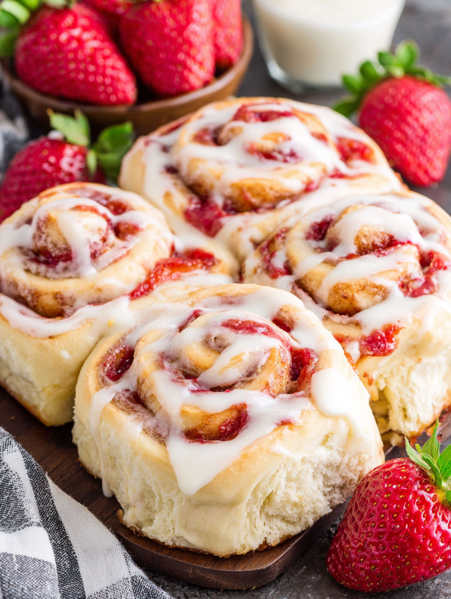 Ein Teller mit Zimtschnecken, die mit Erdbeeren belegt sind.
