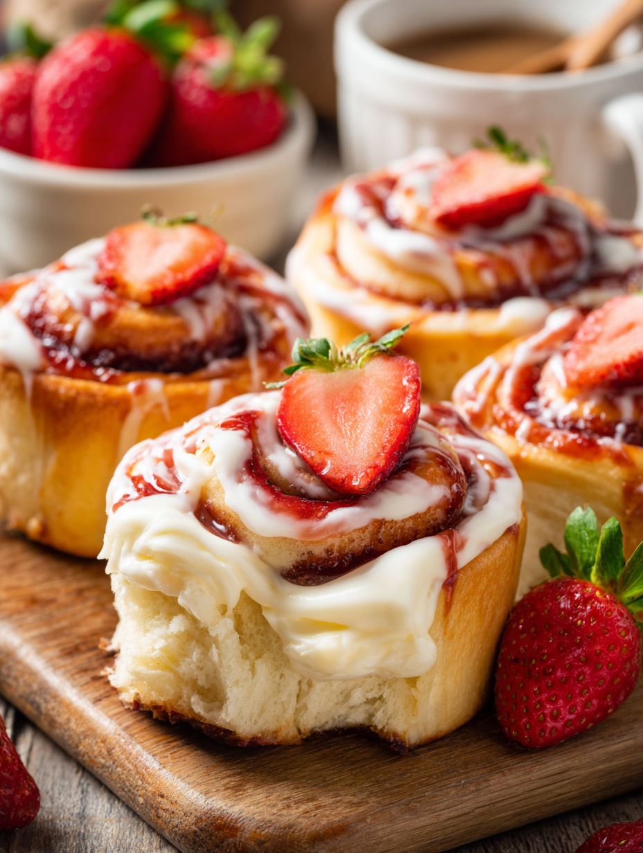 Eine Schüssel mit Erdbeeren und eine Zimtschnecke.