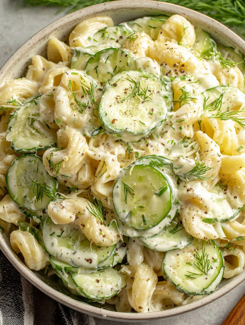 Eine Schüssel mit Pasta-Salat, Gurken und Käse.