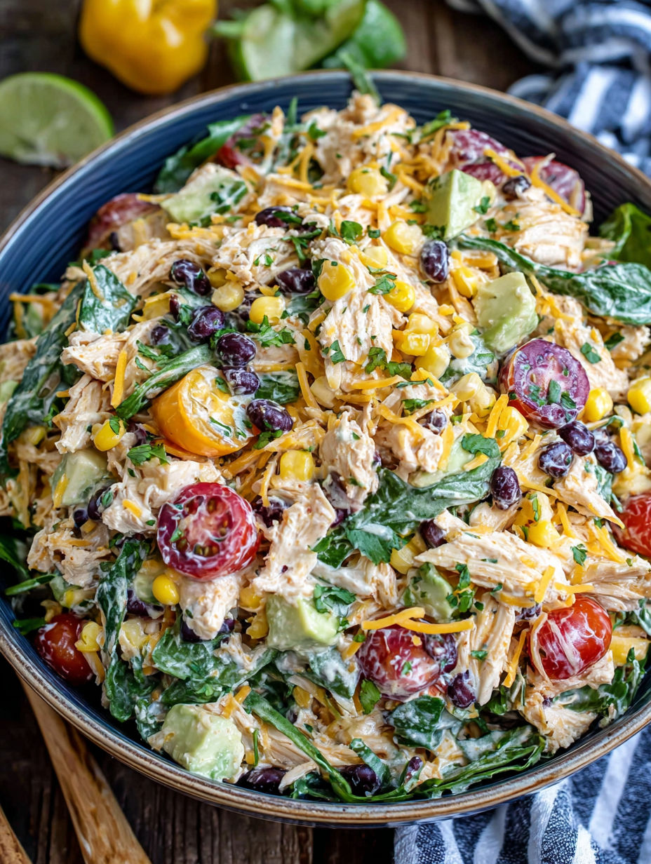 Eine Schüssel mit Hühnchen, Mais, Tomaten und Avocado.