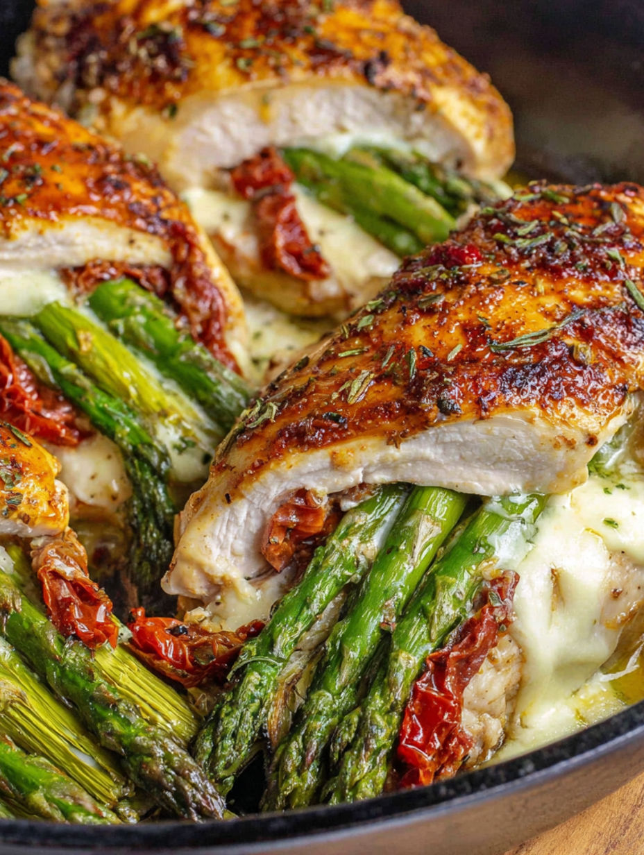 Eine gefüllte Hähnchenbrust mit Spargel.