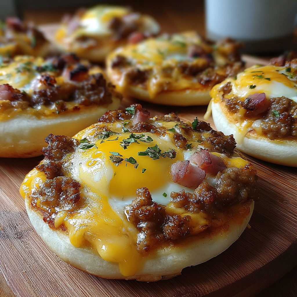 Eine Frühstücks-Pizza mit Eiern, Speck und Käse.