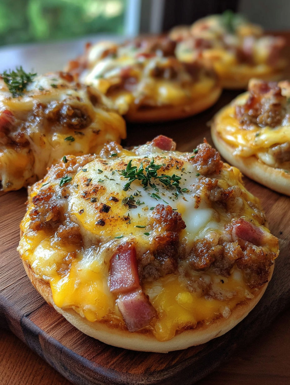 Eine Nahaufnahme eines käsigen Frühstücksandwichs mit Ei und Speck.