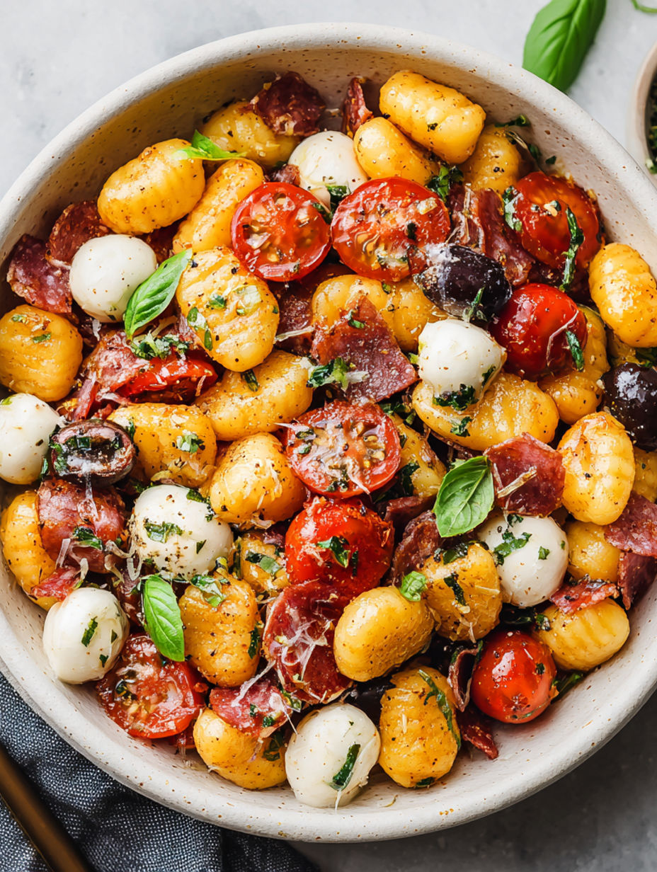 Eine Schüssel mit Essen, Tomaten, Oliven und Käse.