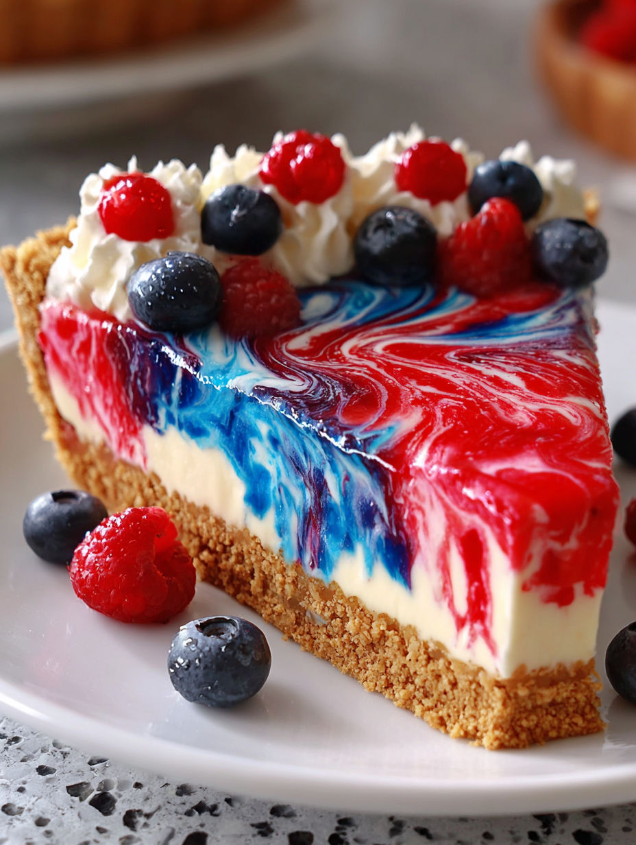 Ein Stück Kuchen mit Blaubeeren und Himbeeren darauf.