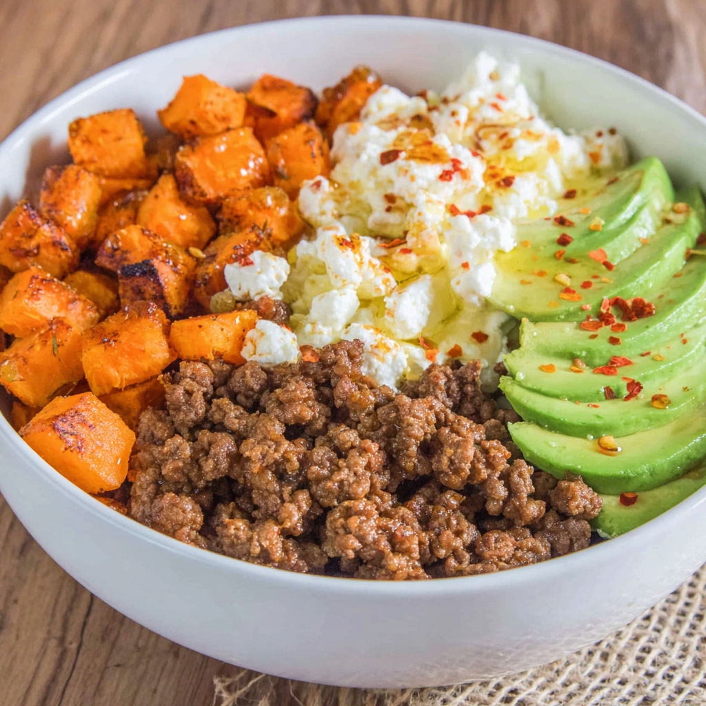 Eine Schüssel mit Süßkartoffeln, Rindfleisch und Quark.