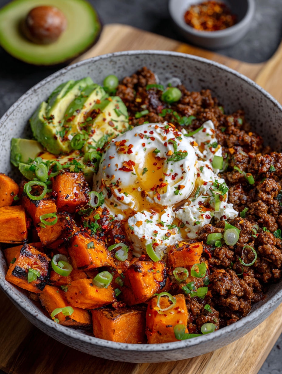 Eine Schüssel mit Essen und einem Spiegelei obendrauf.