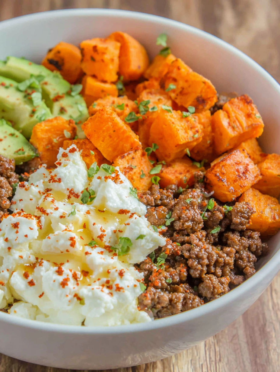 Eine Schüssel mit Essen, weißem Käse und braunem Reis.