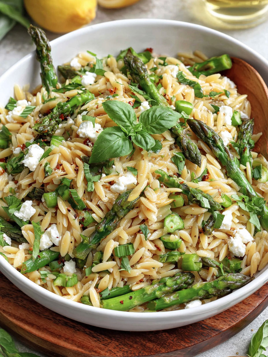 Eine Schüssel Pasta mit Spargel und Feta-Käse.