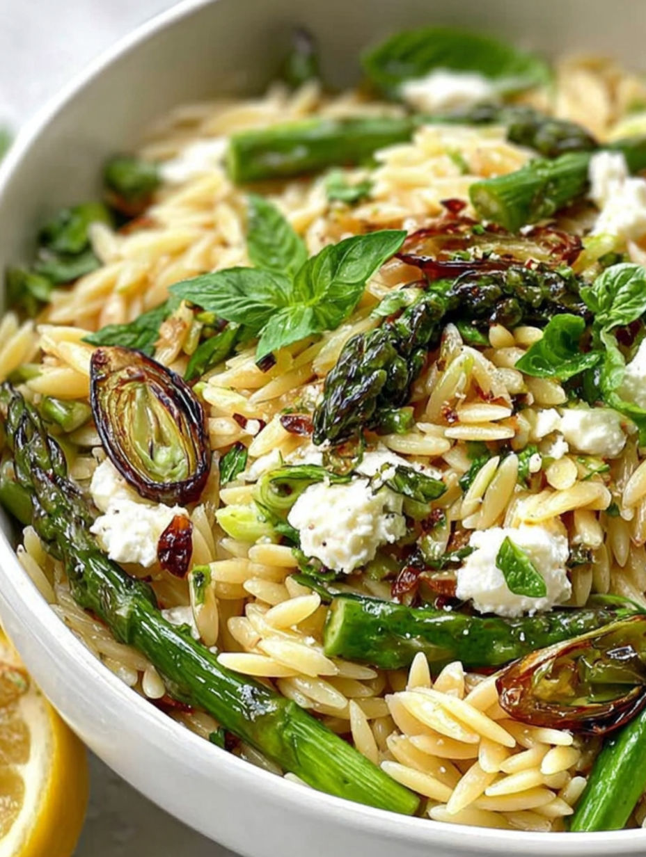 Eine Schüssel Pasta mit Spargel und Feta-Käse.