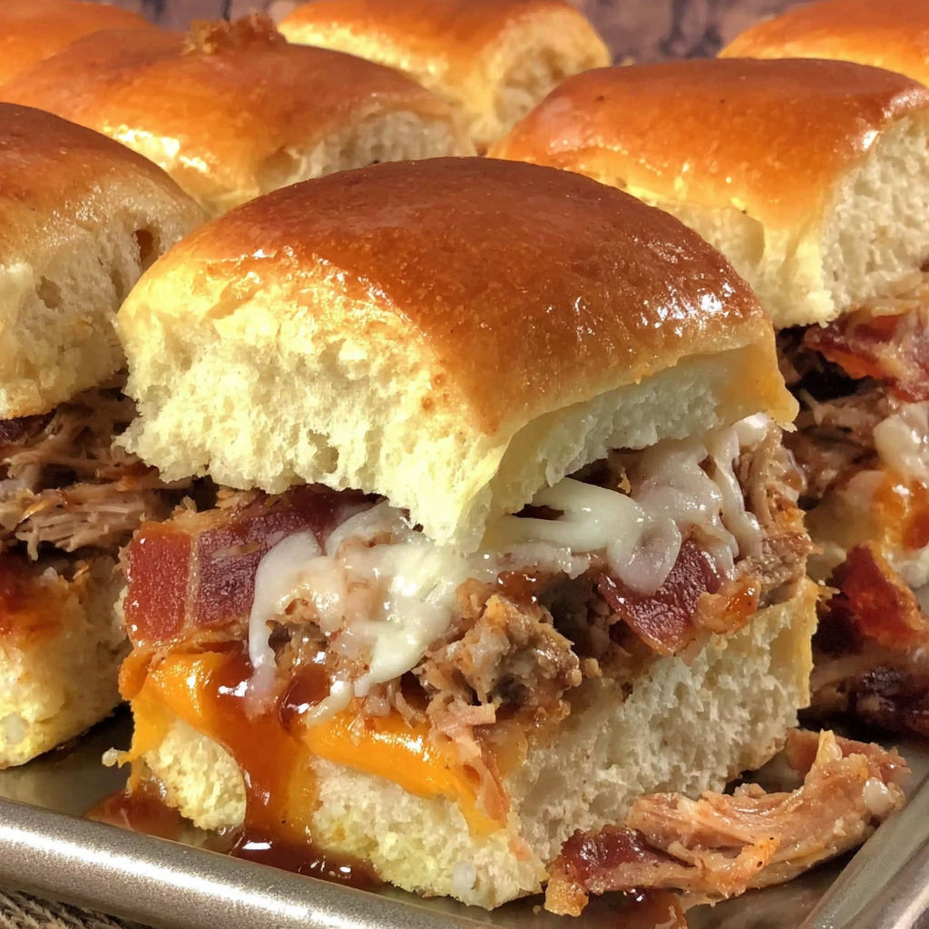 Ein Tablett mit BBQ Pulled Pork Slidern.
