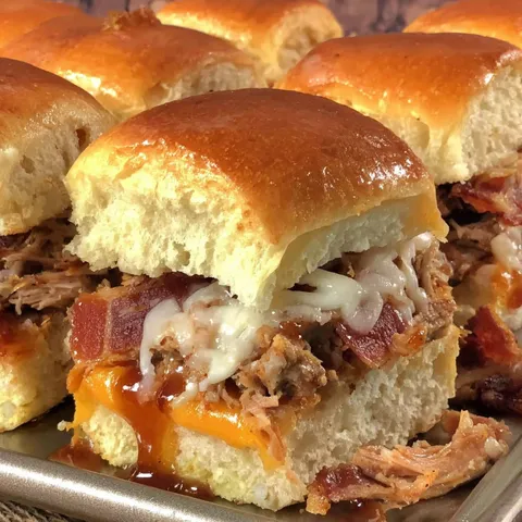Ein Tablett mit BBQ Pulled Pork Slidern.