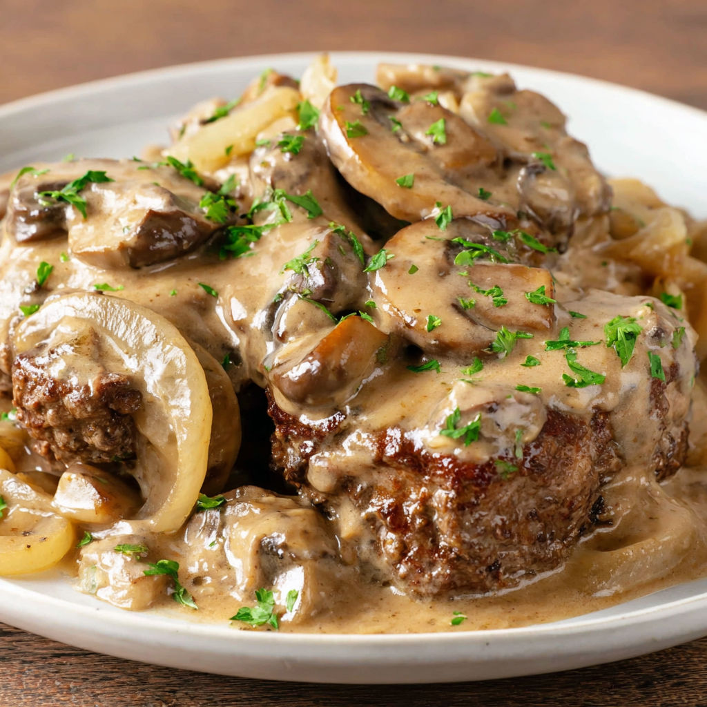 Ein Teller mit Essen, Pilzen und Zwiebeln.