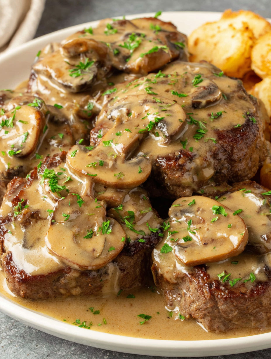 Ein Teller Fleisch bedeckt mit Pilzen.