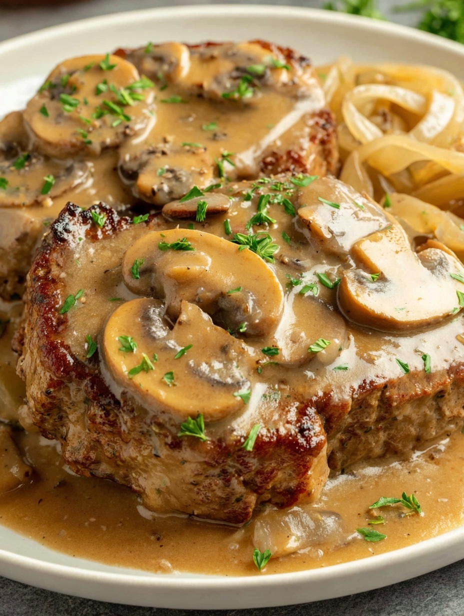 Eine Nahaufnahme eines Fleischstücks mit Pilzen darauf.