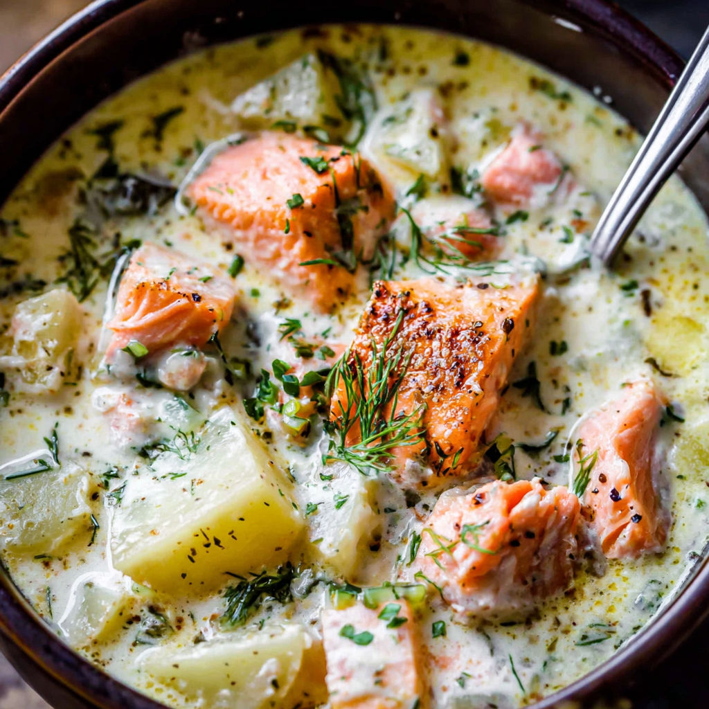 Eine Schüssel Lachs-Eintopf mit einem Löffel darin.