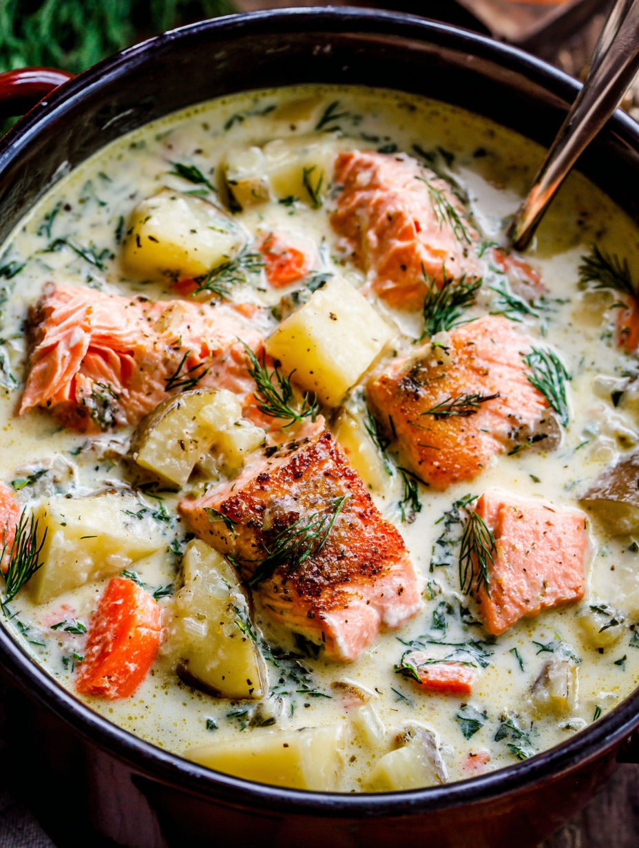 Eine Schüssel Suppe mit Fisch und Gemüse.