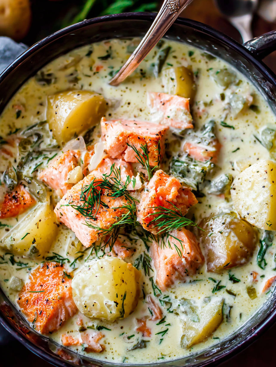 Eine Schüssel Suppe mit Fisch, Kartoffeln und Kräutern.