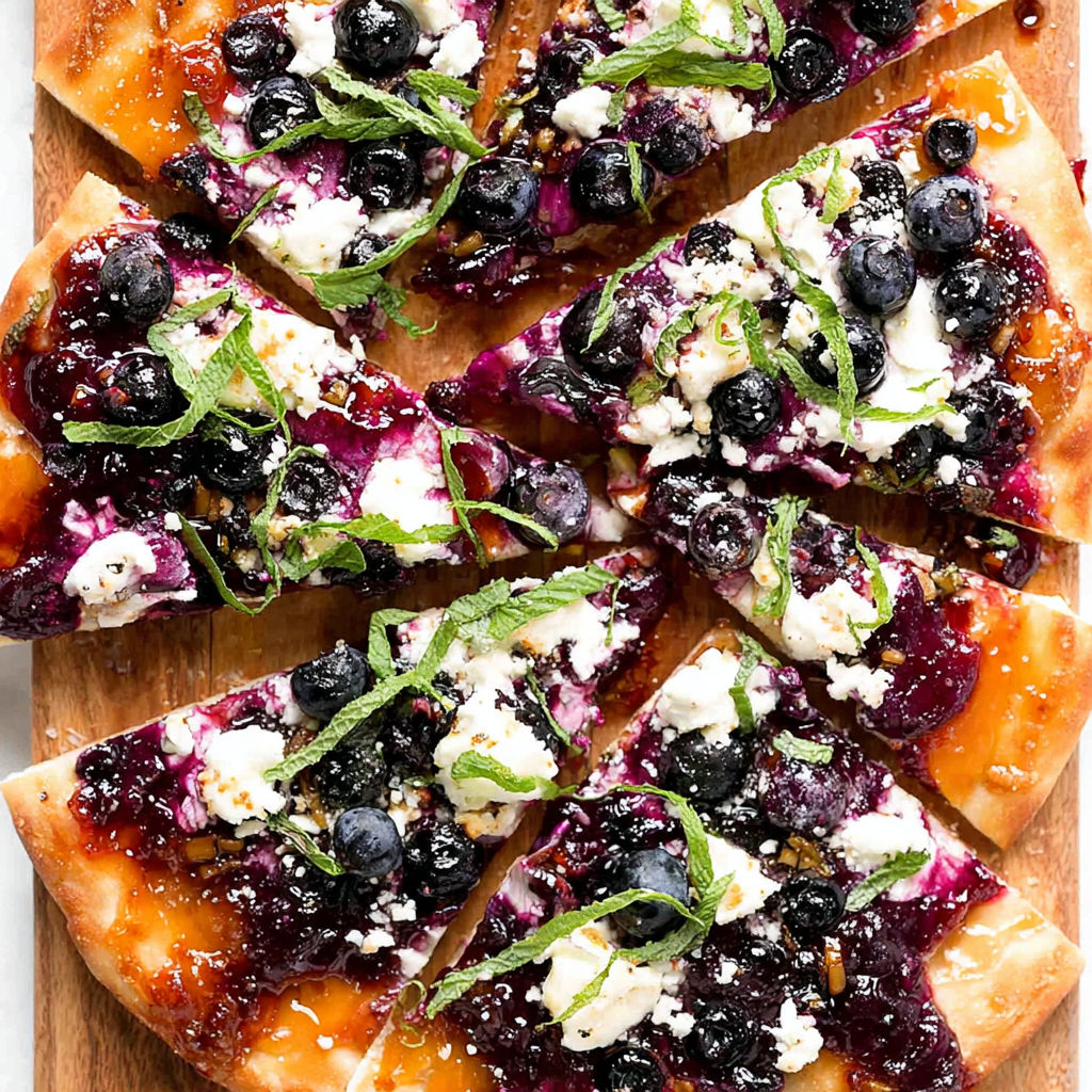 Ein Stück Heidelbeerfladen mit Ziegenkäse.