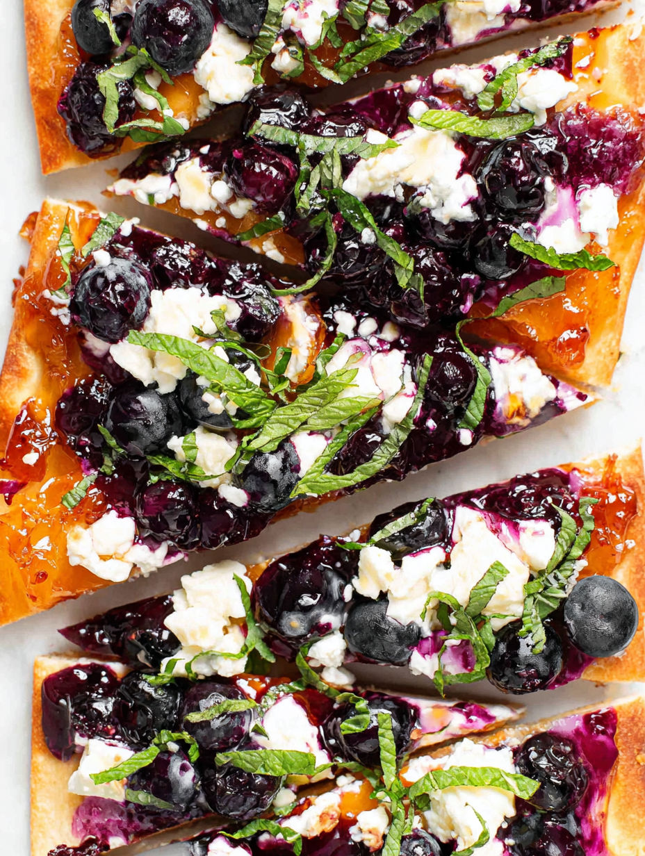 Ein Stück Pizza mit Heidelbeeren und Käse.