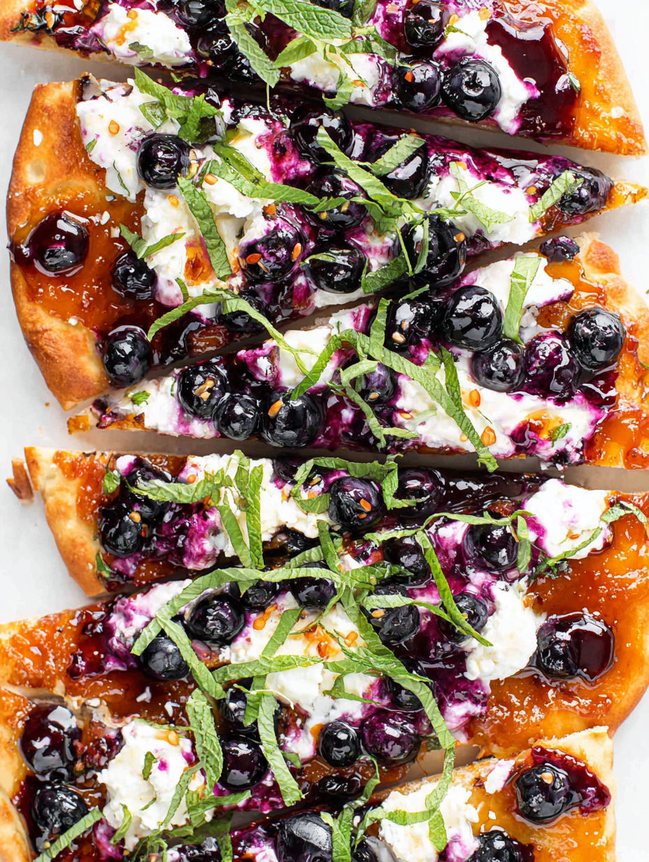 Ein Stück Pizza mit Heidelbeeren und Schlagsahne.
