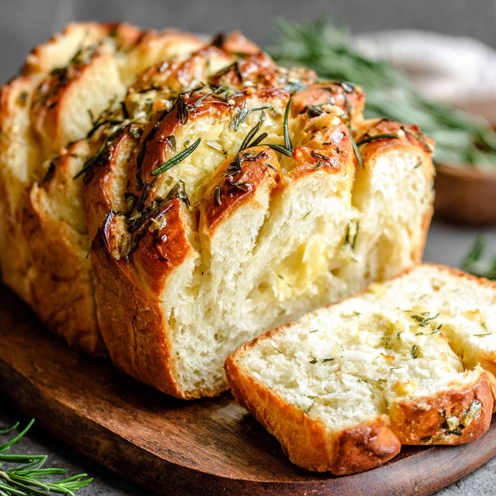 Ein rustikales französisches Brot mit Kräutern obendrauf.