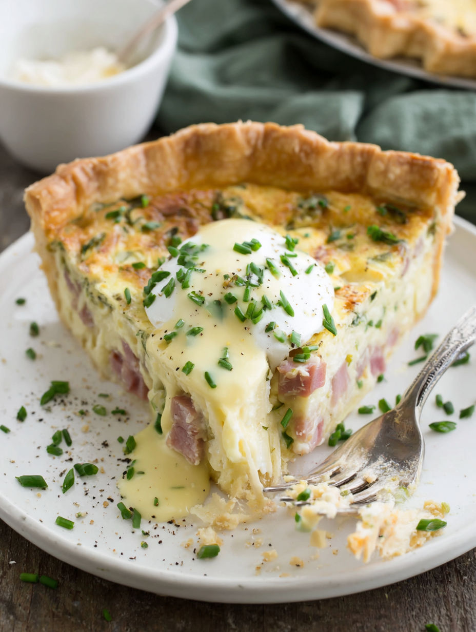 Ein Stück Eggs Benedict Quiche mit Hollandaise-Sauce.