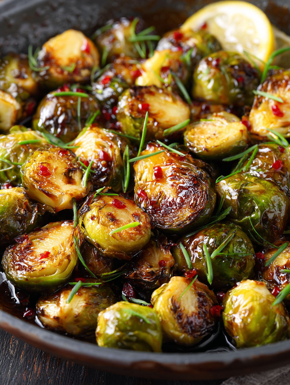 Nahaufnahme von gekochtem Rosenkohl in einer Honig-Balsamico-Soße.