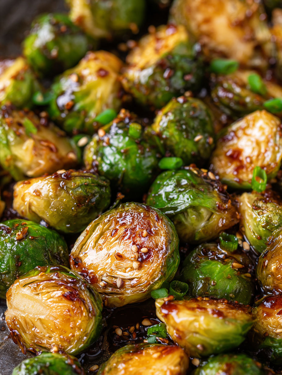 Nahaufnahme von gekochtem Rosenkohl in einer Honig-Balsamico-Soße.