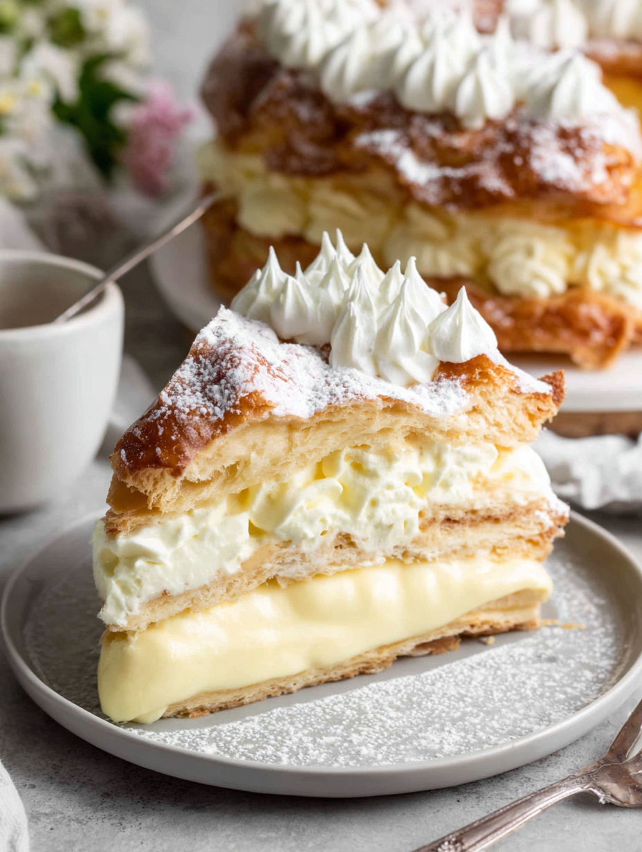 Ein Stück Kuchen mit weißer Creme und Puderzucker.