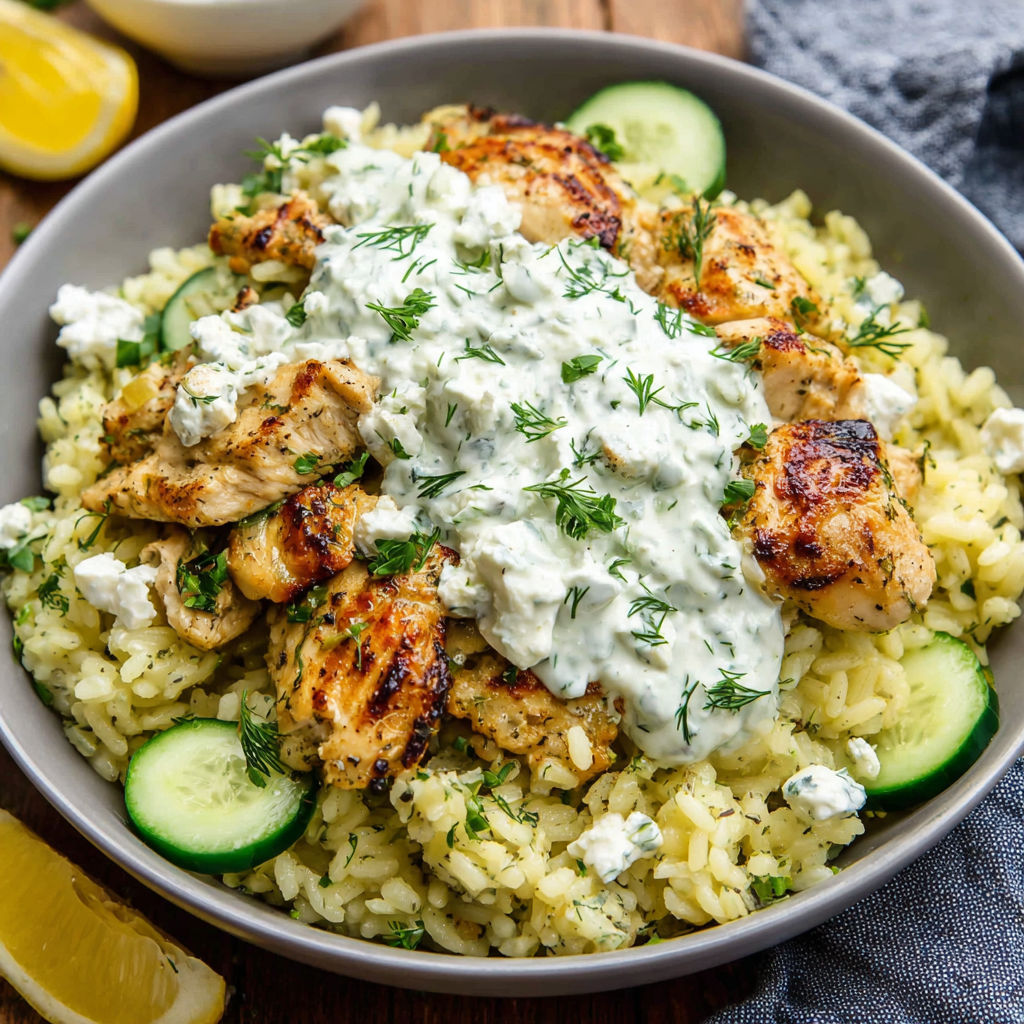 Eine Schüssel mit Hähnchen und Reis in weißer Soße.