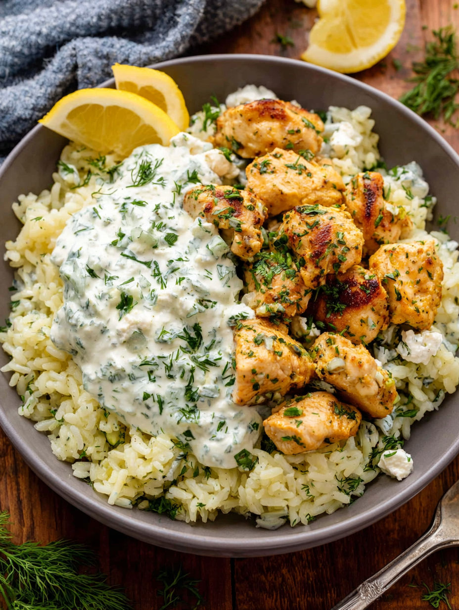 Eine Schüssel mit Hühnchen, Reis und einer Zitronenspalte.