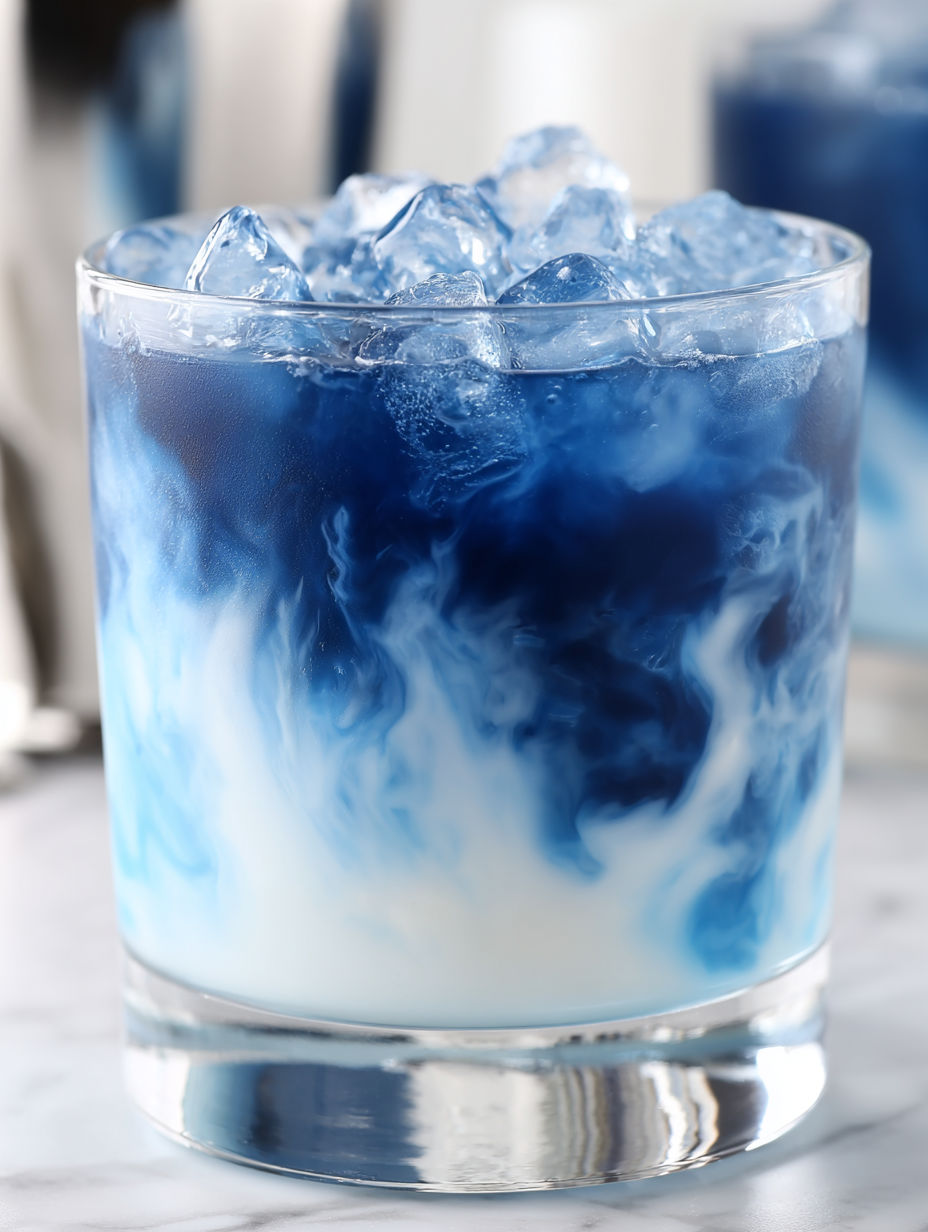 Ein blaues Getränk mit Eis in einem Glas.