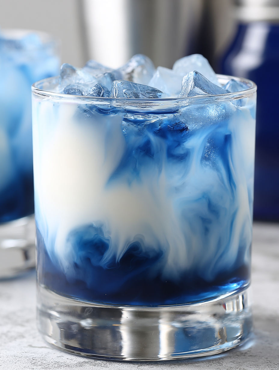 Ein blaues Getränk mit Eis in einem Glas.