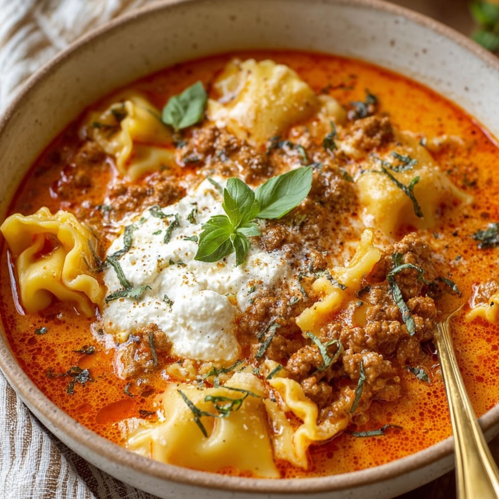 Eine Schüssel Lasagna-Suppe mit Nudeln und Käse.