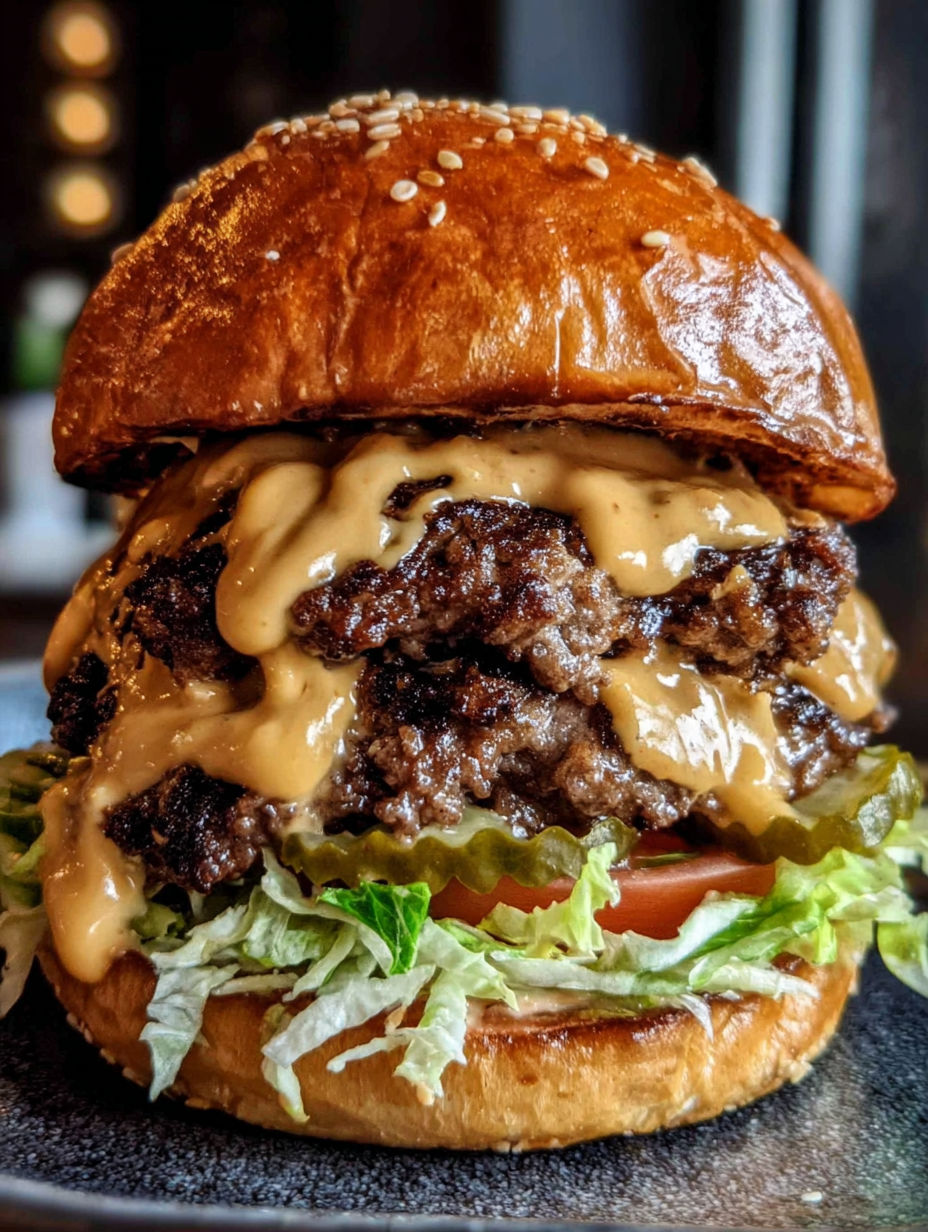 Eine Nahaufnahme eines Burgers mit Sauce und Salat.