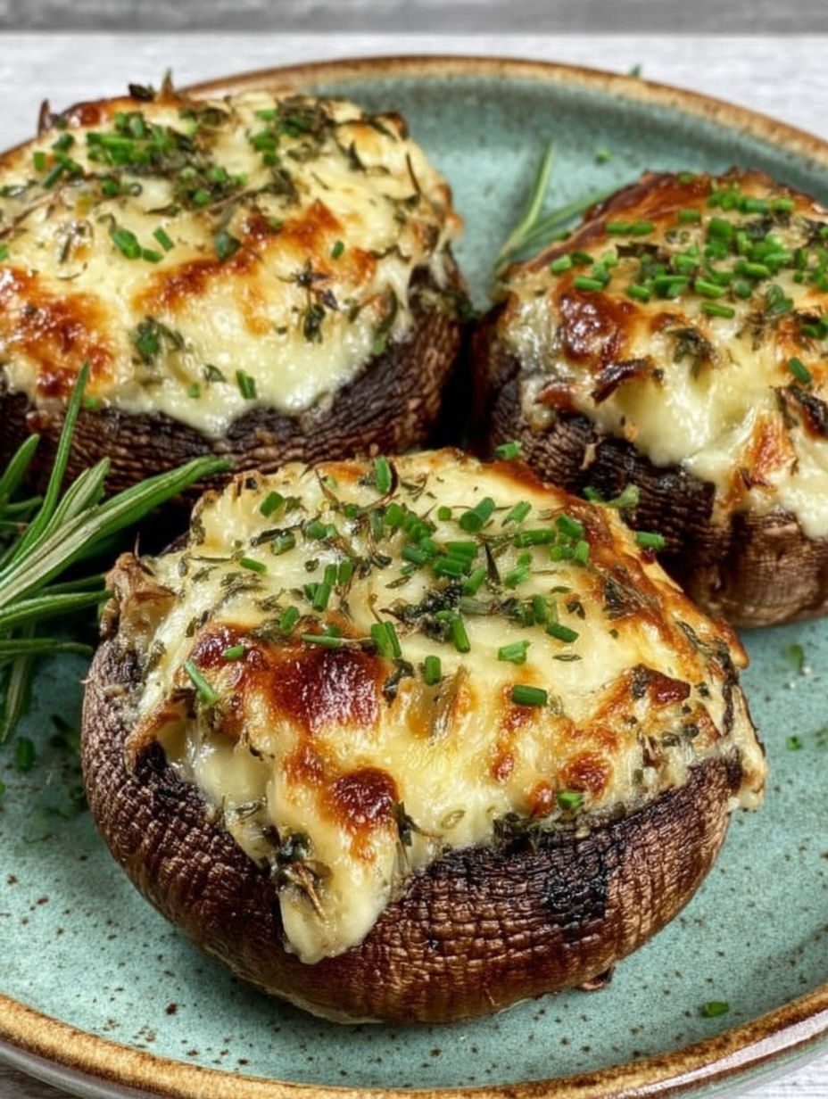 Drei gefüllte Portobello-Pilze auf einem Teller.