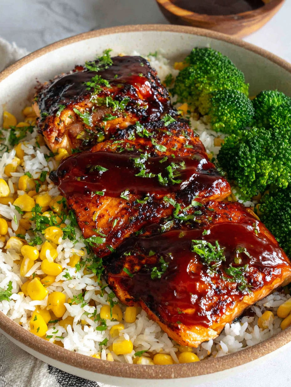 Ein Teller mit Essen, Reis und Brokkoli.