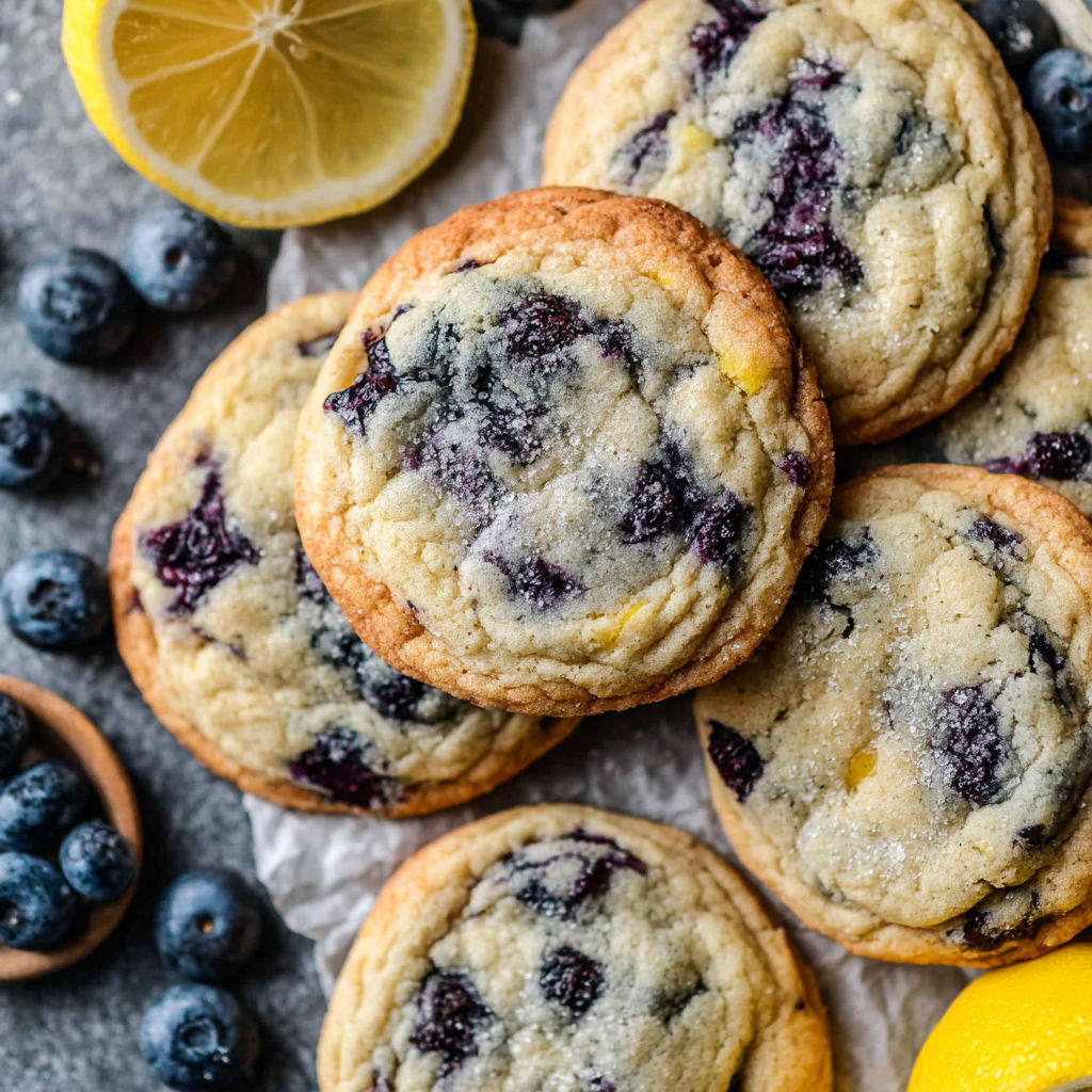 Ein Teller mit Blaubeerkeksen und Zitronenschnitzen daneben.