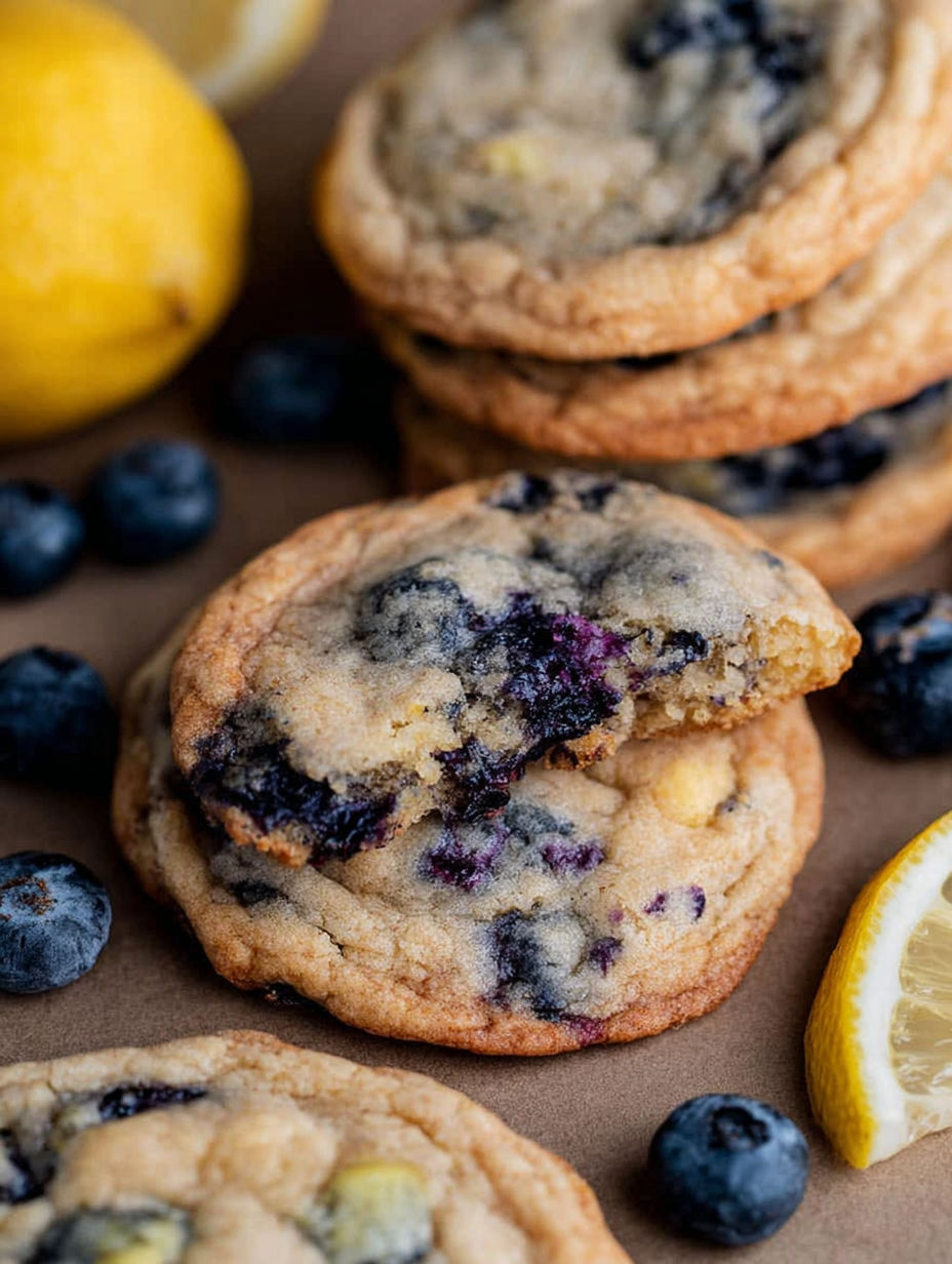 Ein Stapel Blaubeerkekse mit einer Zitronenscheibe obendrauf.