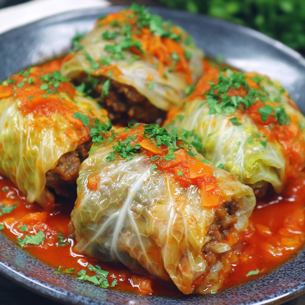 Ein Teller mit hausgemachten Kohlrollen.