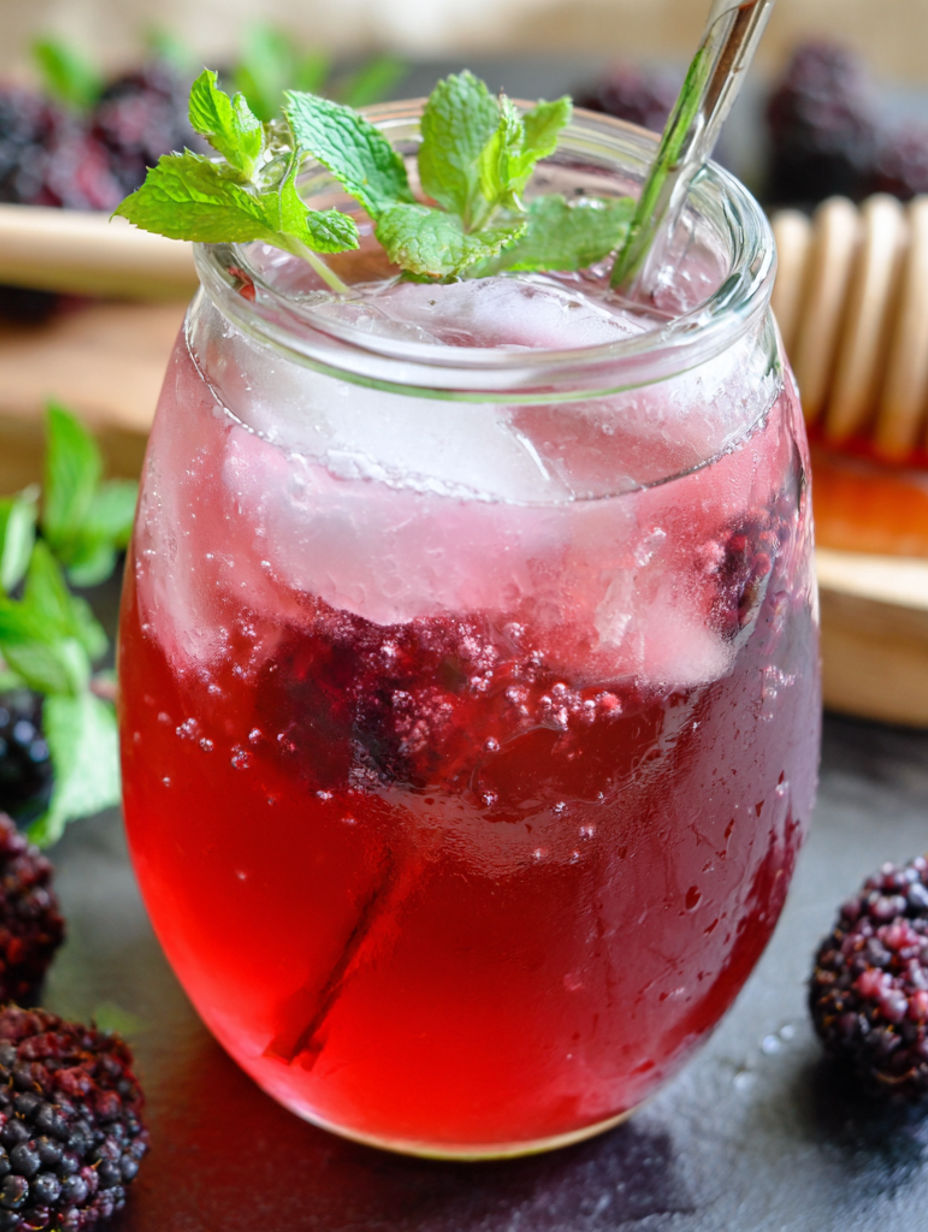 Ein Glas roter Beerensaft mit einer Minzgarnitur.