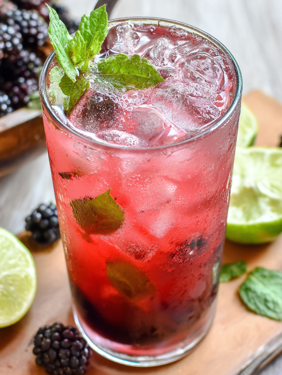 Ein Glas rotes Getränk mit Minzblättern.