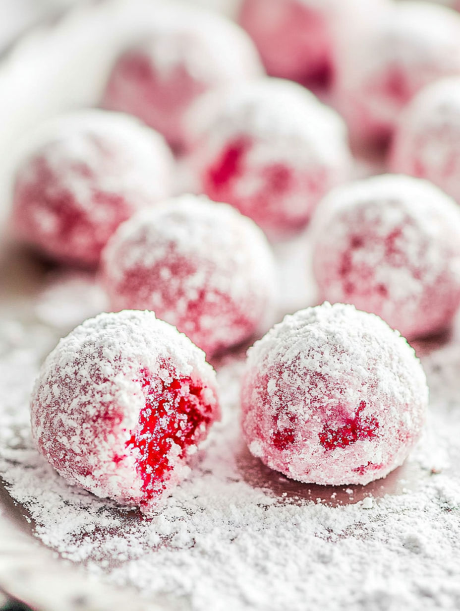 Pfefferminz-Schneeballkekse auf einem Teller.