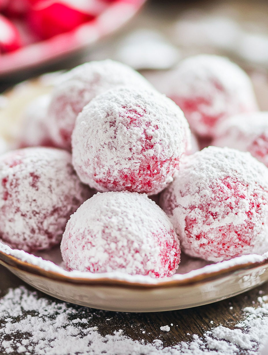 Ein Teller mit Pfefferminz-Schneeballkeksen.