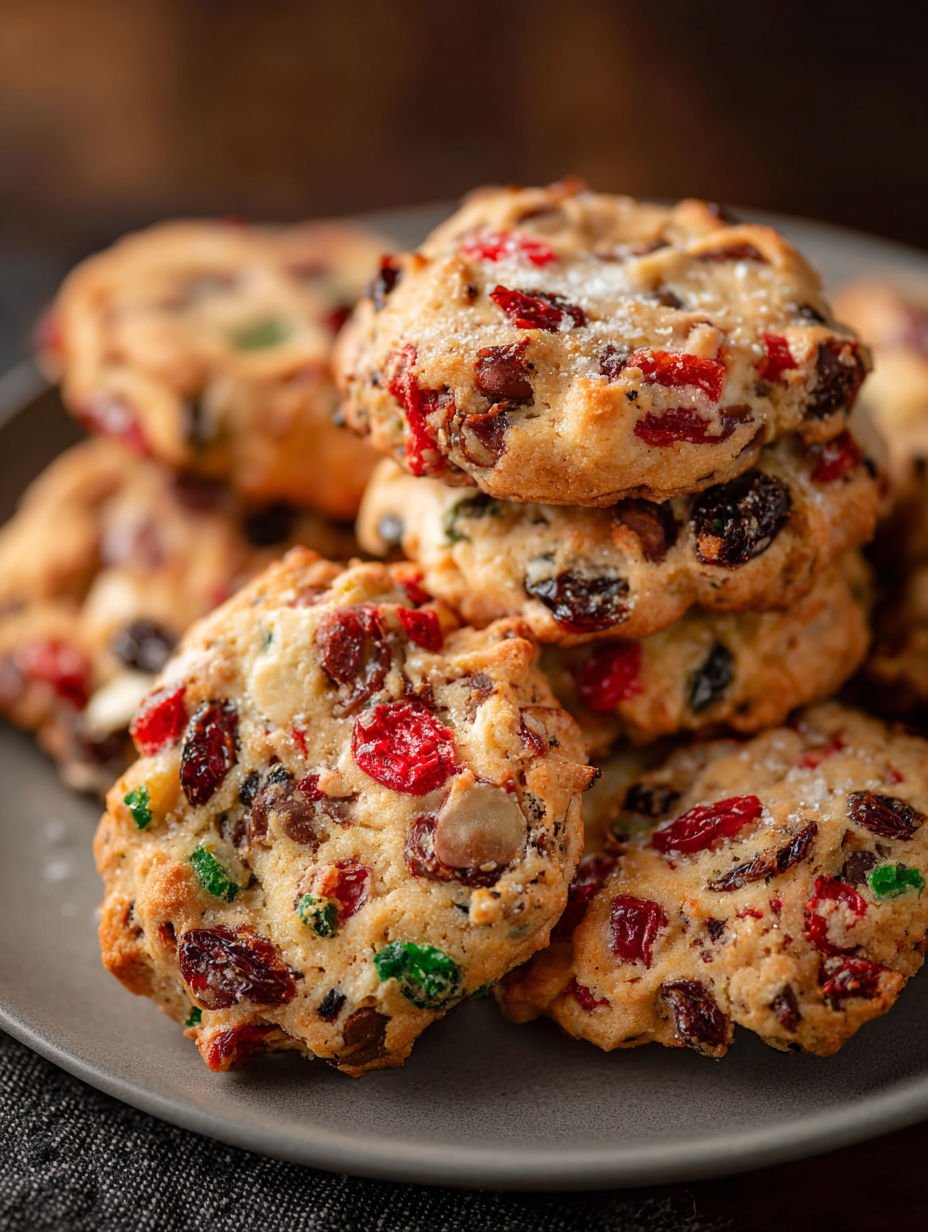 Ein Stapel Kekse mit rotem und grünem Zuckerguss.