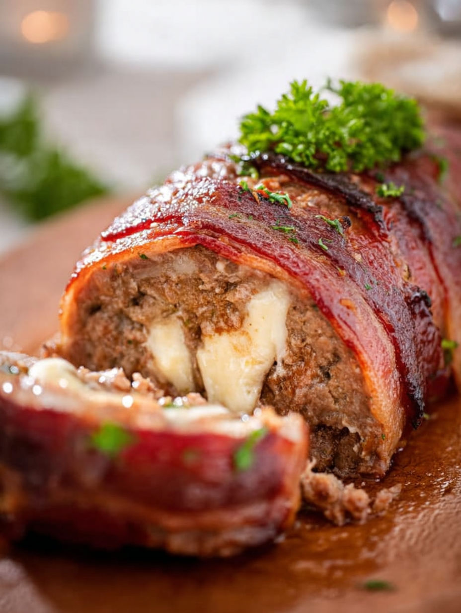 Ein Hackbraten mit Käse und Speck.