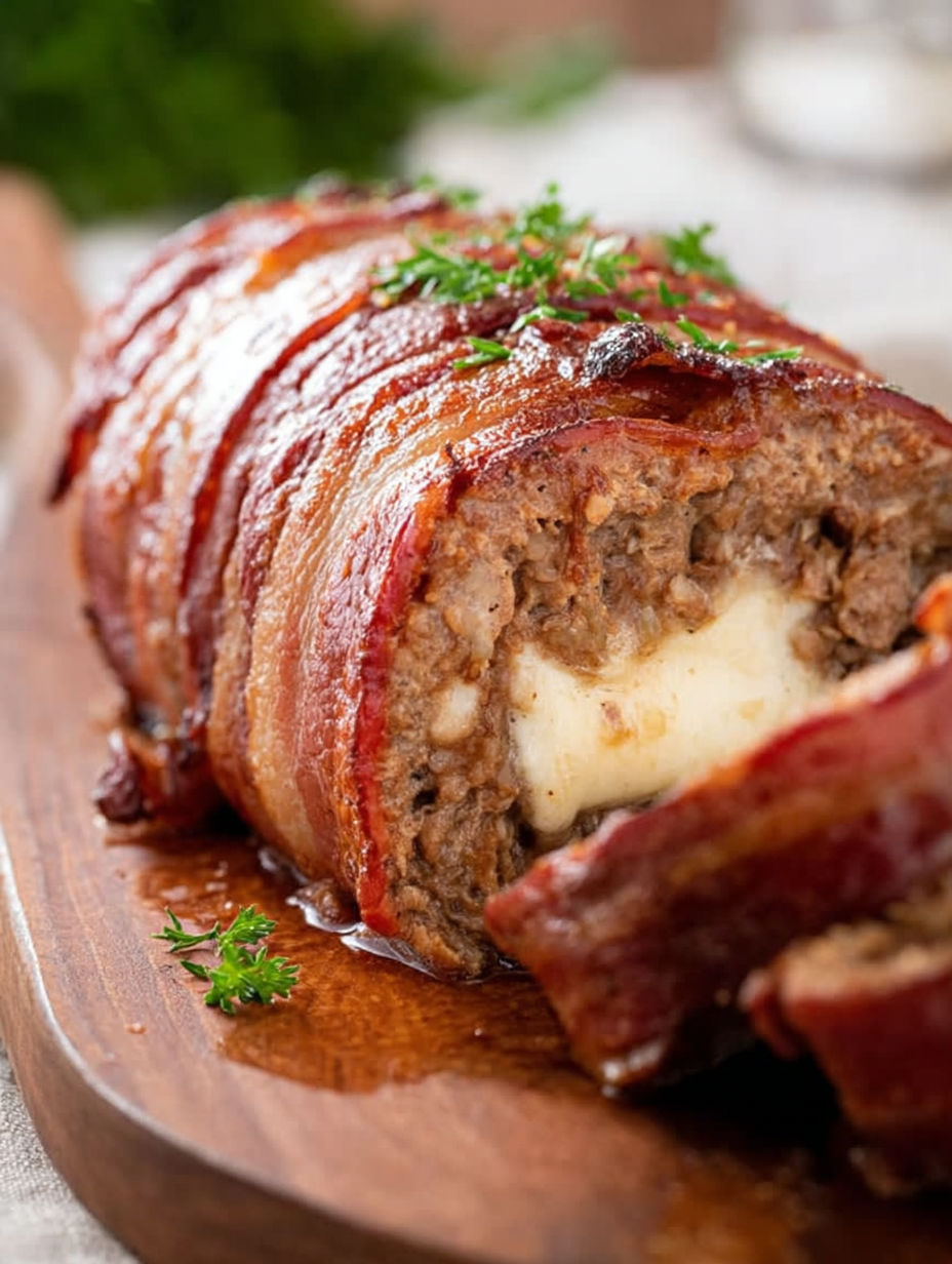 Ein großes Stück Fleisch, umgeben von Käse und Speck.